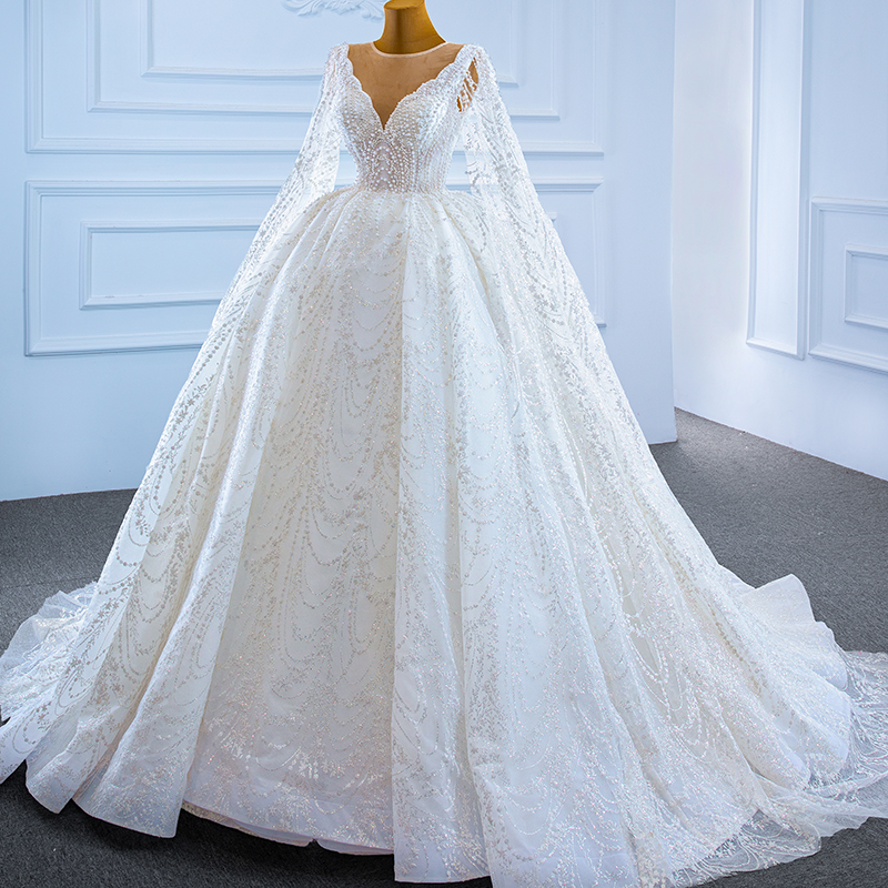 White luxury long sleeve wedding dress For Women 2022 V-neck Robe De Mariee beading pearls lace up bridal dress